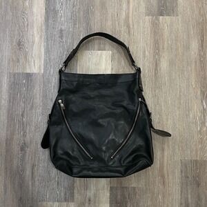 Robert Clergerie Paris Black Leather Double Zip Moto Hobo Purse Shoulder Bag